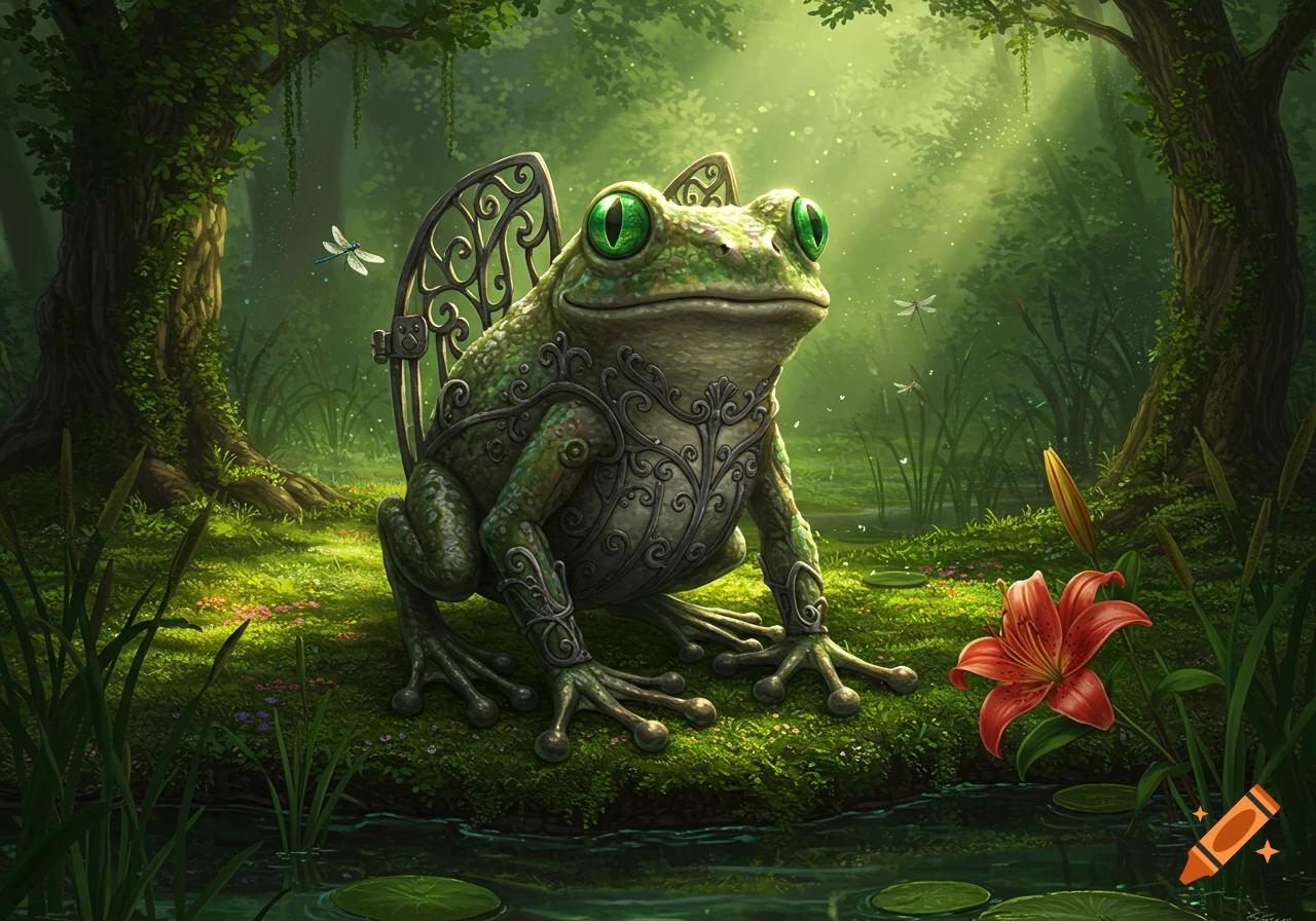 A majestic frog wearing ornate, green and silver armor stands in a mystical, sunlit forest next to a red lily.