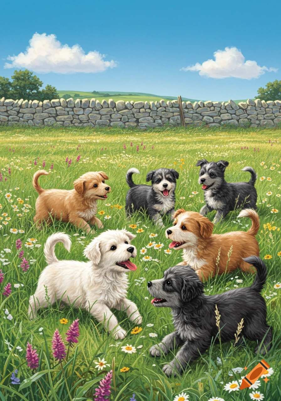 Six cute puppies of various colors play in a green field with wildflowers under a blue sky, illustrative style.