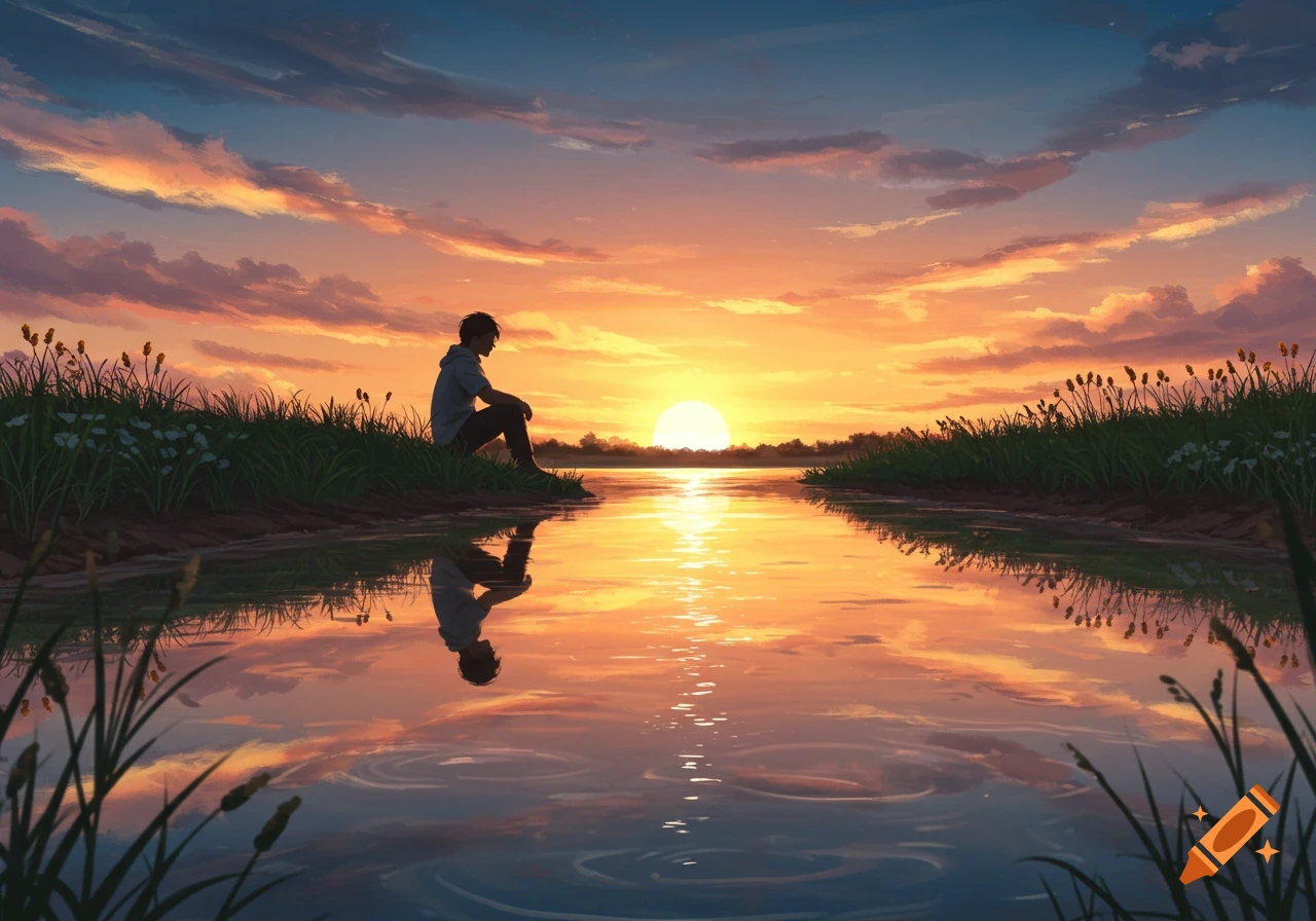 A person sits by a river at sunset, with a vibrant orange and purple sky reflected in the water in an anime style.