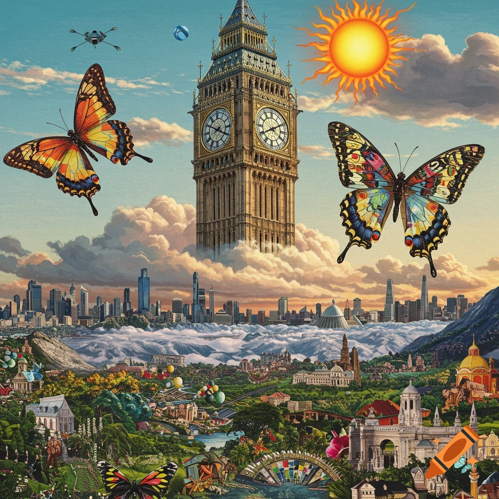 A surreal collage landscape with Big Ben floating above clouds, large butterflies, a distant city, and a sprawling green land below a bright sun.