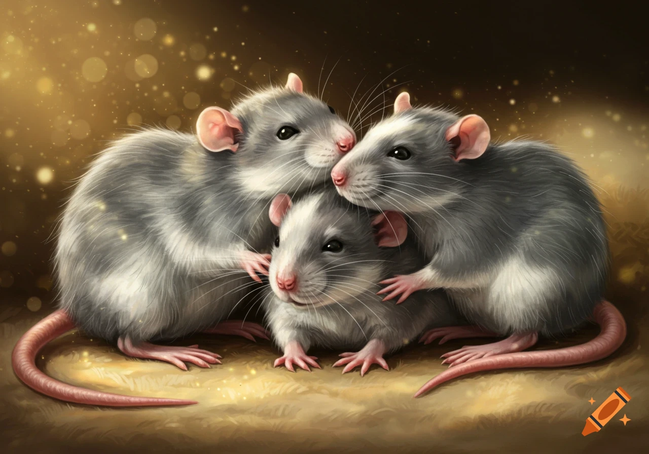 Three realistic gray rats hugging on a golden sparkling background.