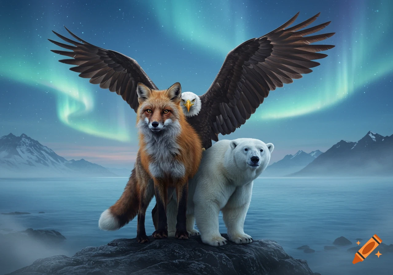 A red fox, bald eagle, and polar bear stand together on a rocky outcrop under a vibrant aurora borealis sky with snowy mountains and water in the background.