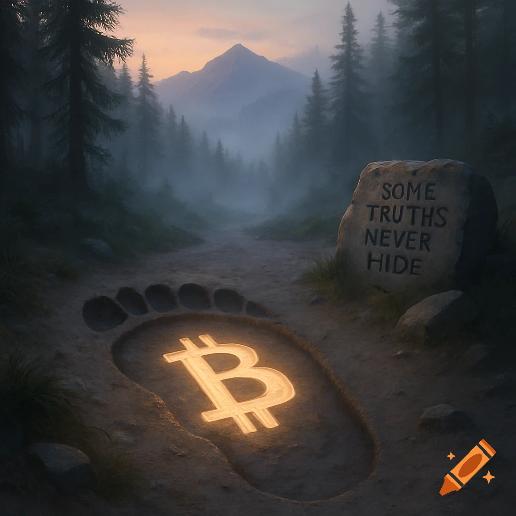 A glowing Bitcoin symbol inside a large Bigfoot footprint on a misty mountain trail, with text on a stone saying 'Some Truths Never Hide'.