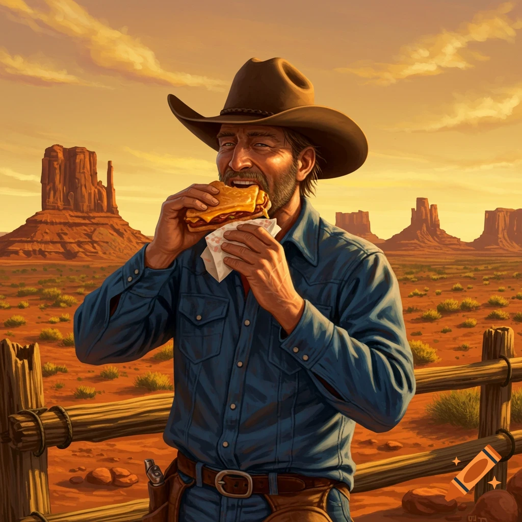 A cowboy in a desert landscape enthusiastically eats a sandwich, with mesas in the background. Digital painting.