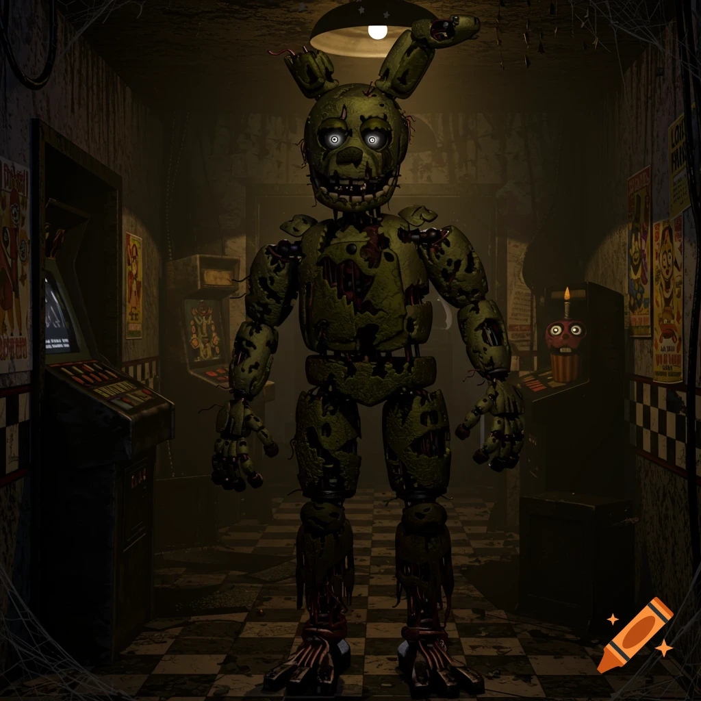 A tattered green animatronic character with glowing white eyes stands in a dark, dilapidated arcade.