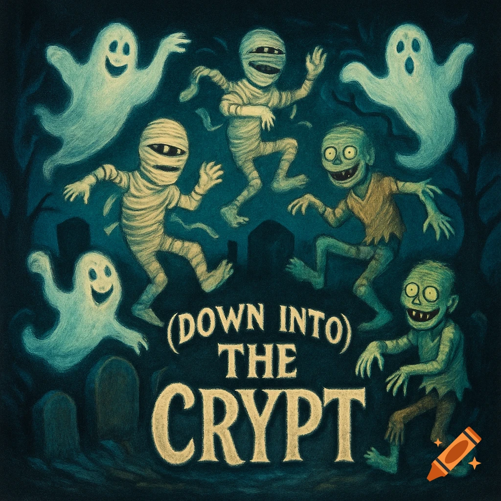 Cartoon ghosts, mummies, and zombies dance among tombstones under the title '(DOWN INTO) THE CRYPT' in a spooky illustration.