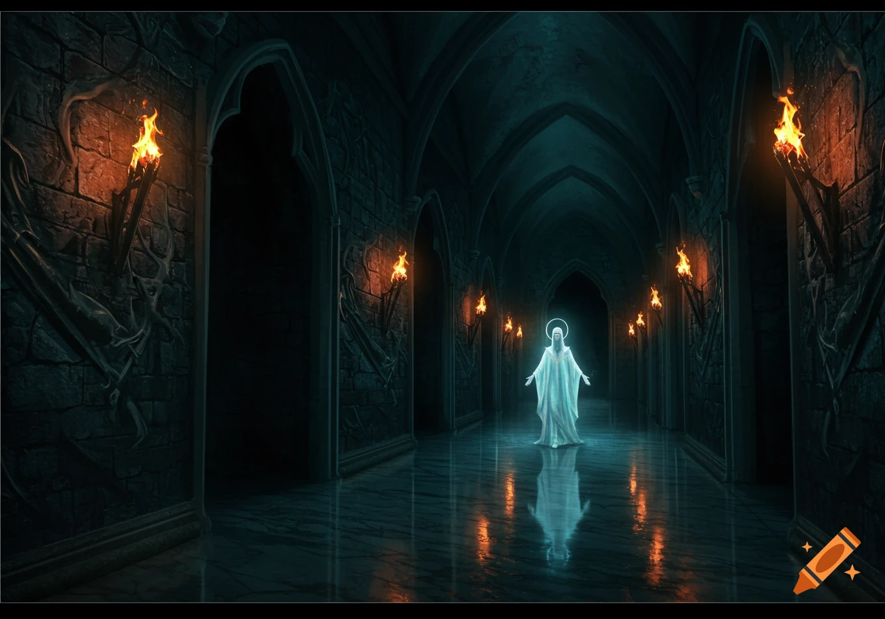 A luminous figure in a white robe with a halo floats down a dark, torch-lit gothic castle hallway with a reflective floor.