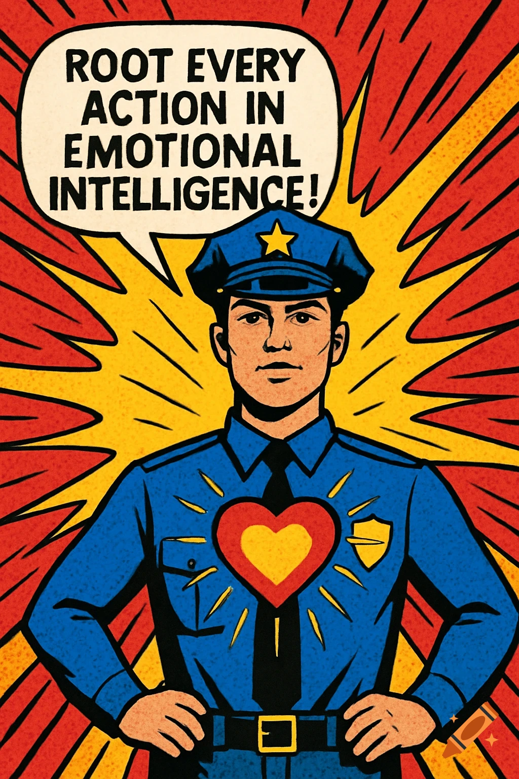 Pop art illustration of a policeman with a glowing heart, saying 'Root every action in Emotional Intelligence!'