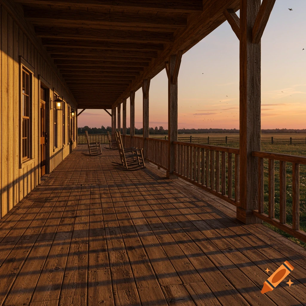 A photorealistic view down a long wooden ranch porch with rocking chairs at sunset, overlooking a vast grassy field.