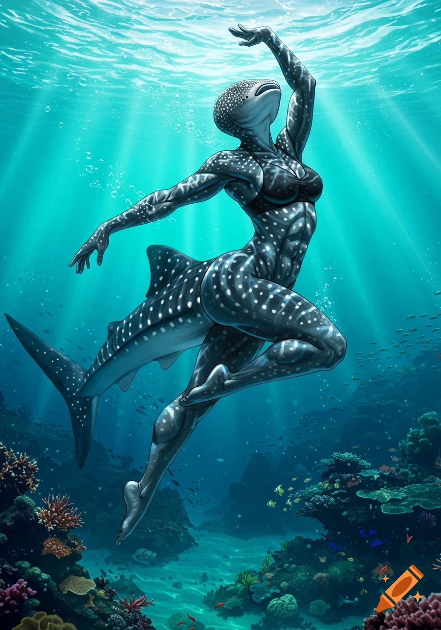 An illustrated figure of a woman with whale shark skin patterns and tail, gracefully posing underwater amidst coral and fish.