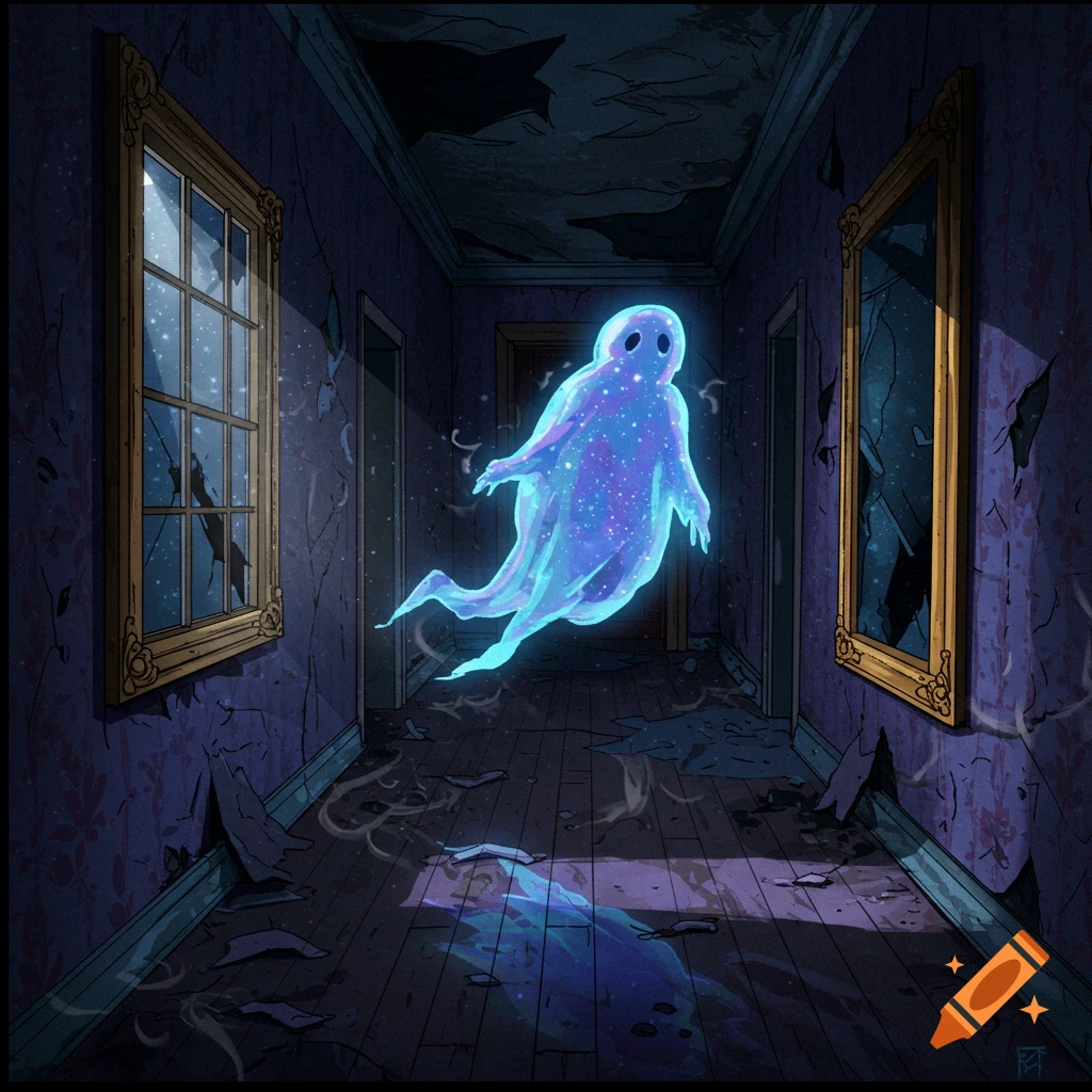 A glowing, cosmic blue ghost floats in a dilapidated, dark purple hallway with broken windows. Cartoon style.