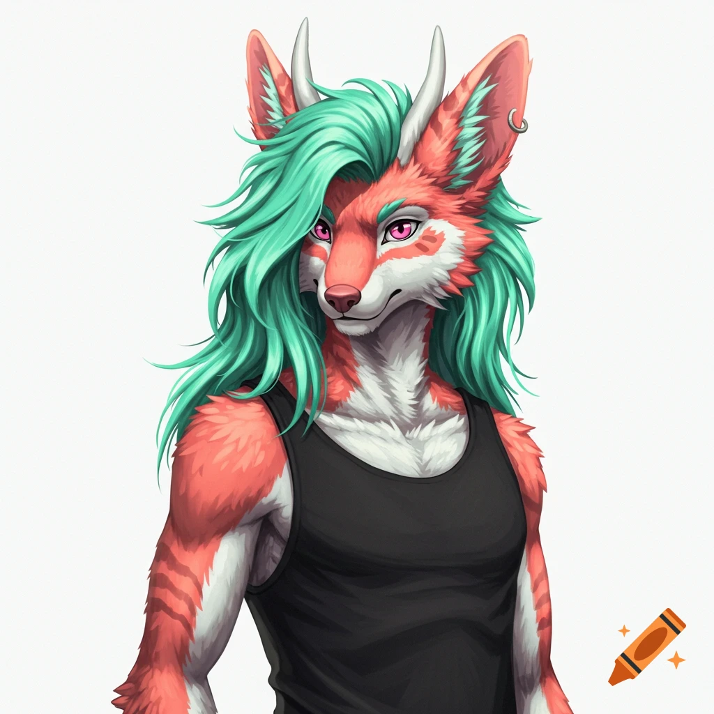 A coral-colored furry with seafoam hair and pink eyes wears a black tank top against a white background.