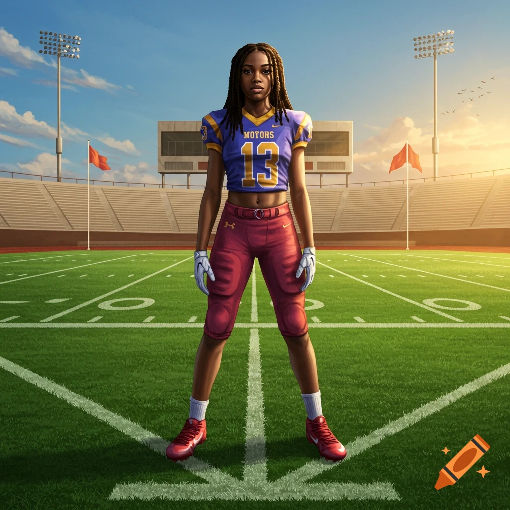 A determined young Black woman wearing a blue and gold football jersey with number 13 and red pants stands on a football field.