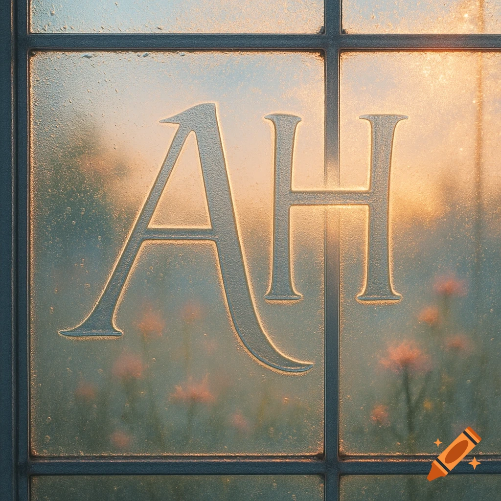 Frosted glass window with 'AH' etched, backlit by golden hour light showing blurry flowers outside.