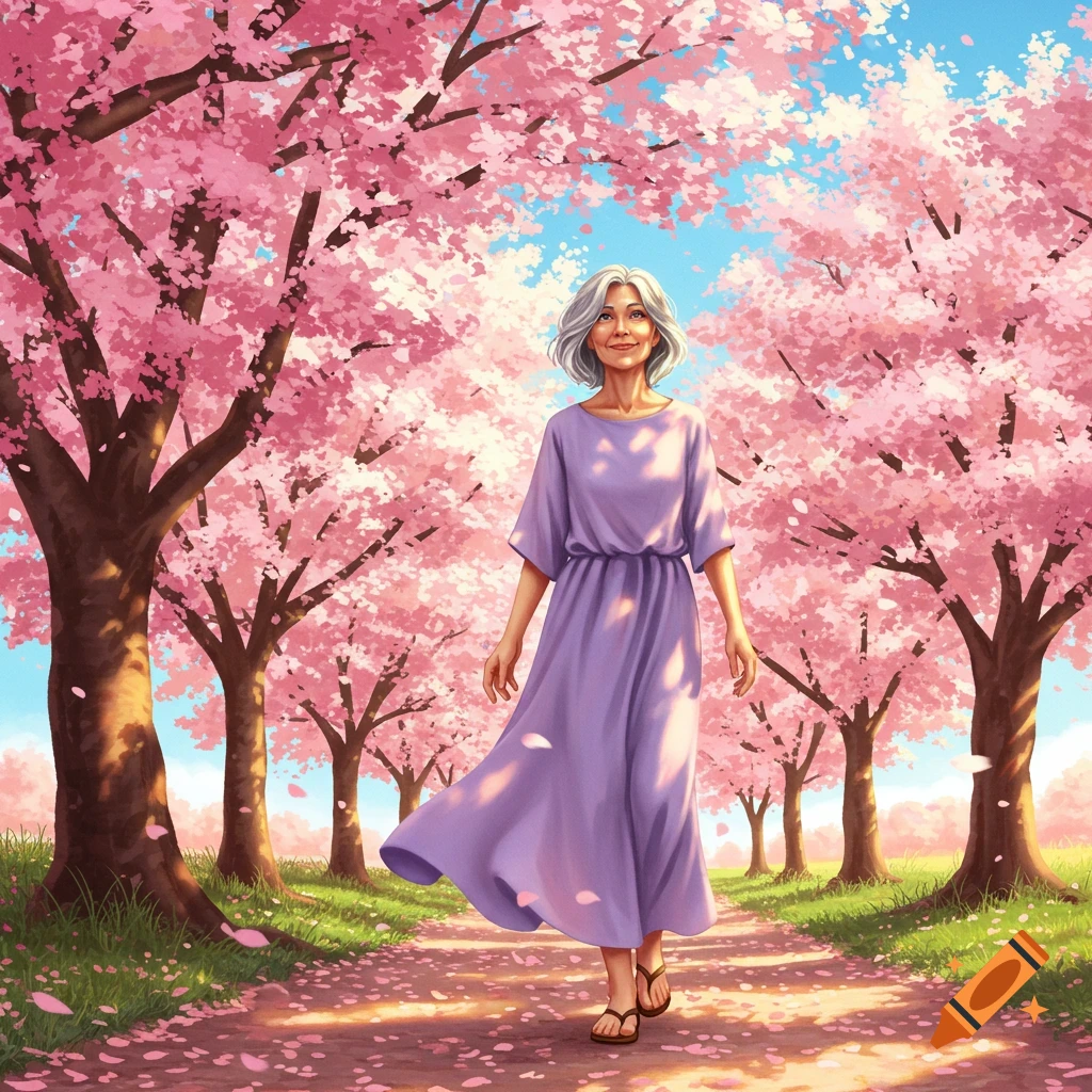 An older woman with gray hair walks on a path under blooming pink cherry blossom trees in an illustrated style.