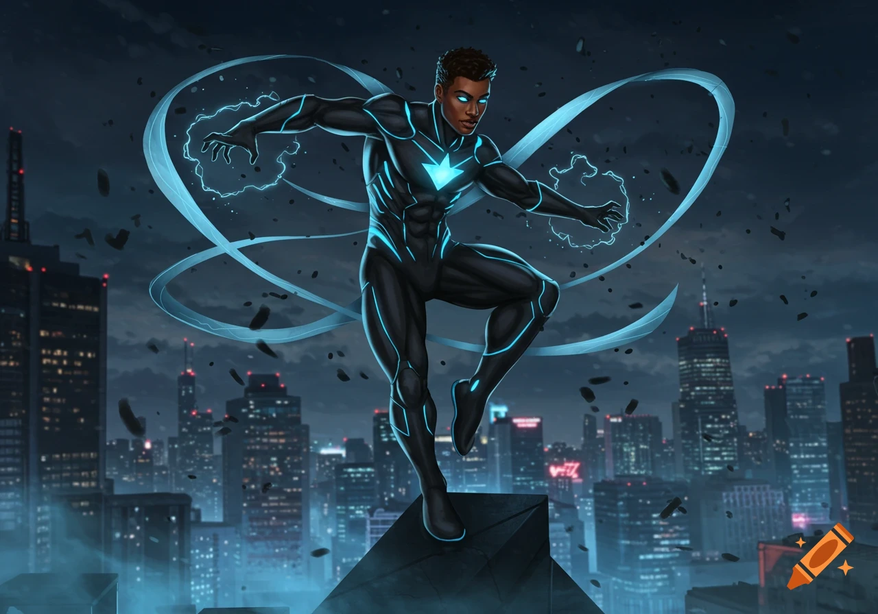 African American superhero in a black and blue suit with glowing powers, leaping over a city skyline at night.