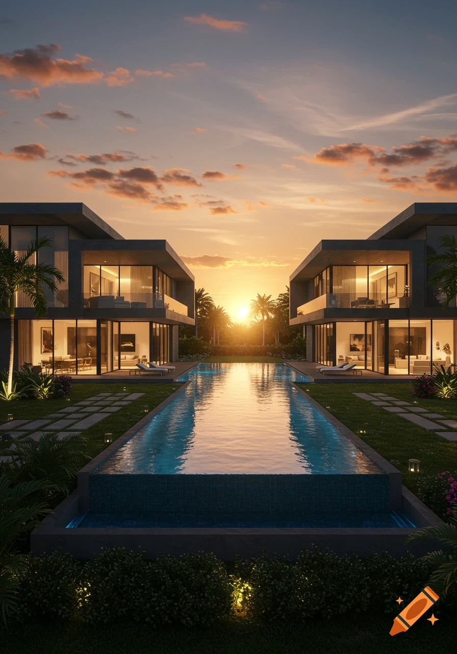 Two modern glass houses flank a long swimming pool in a landscaped setting at sunset with palm trees. Photorealistic.