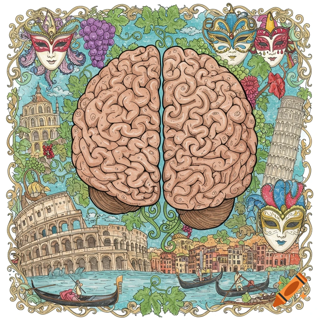 Detailed illustration of a human brain surrounded by Italian landmarks, Venetian masks, and grapevines, in a coloring sheet style.