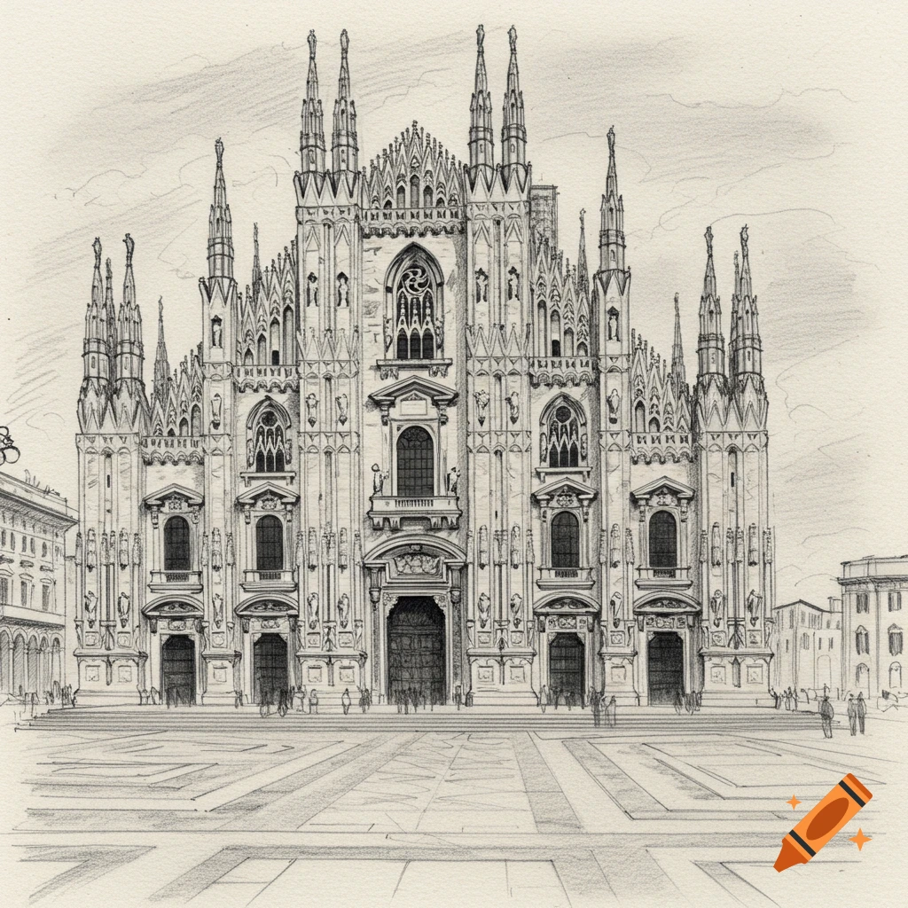 A detailed pencil sketch of the Milan Duomo cathedral, showcasing its intricate Gothic architecture with many spires and statues.