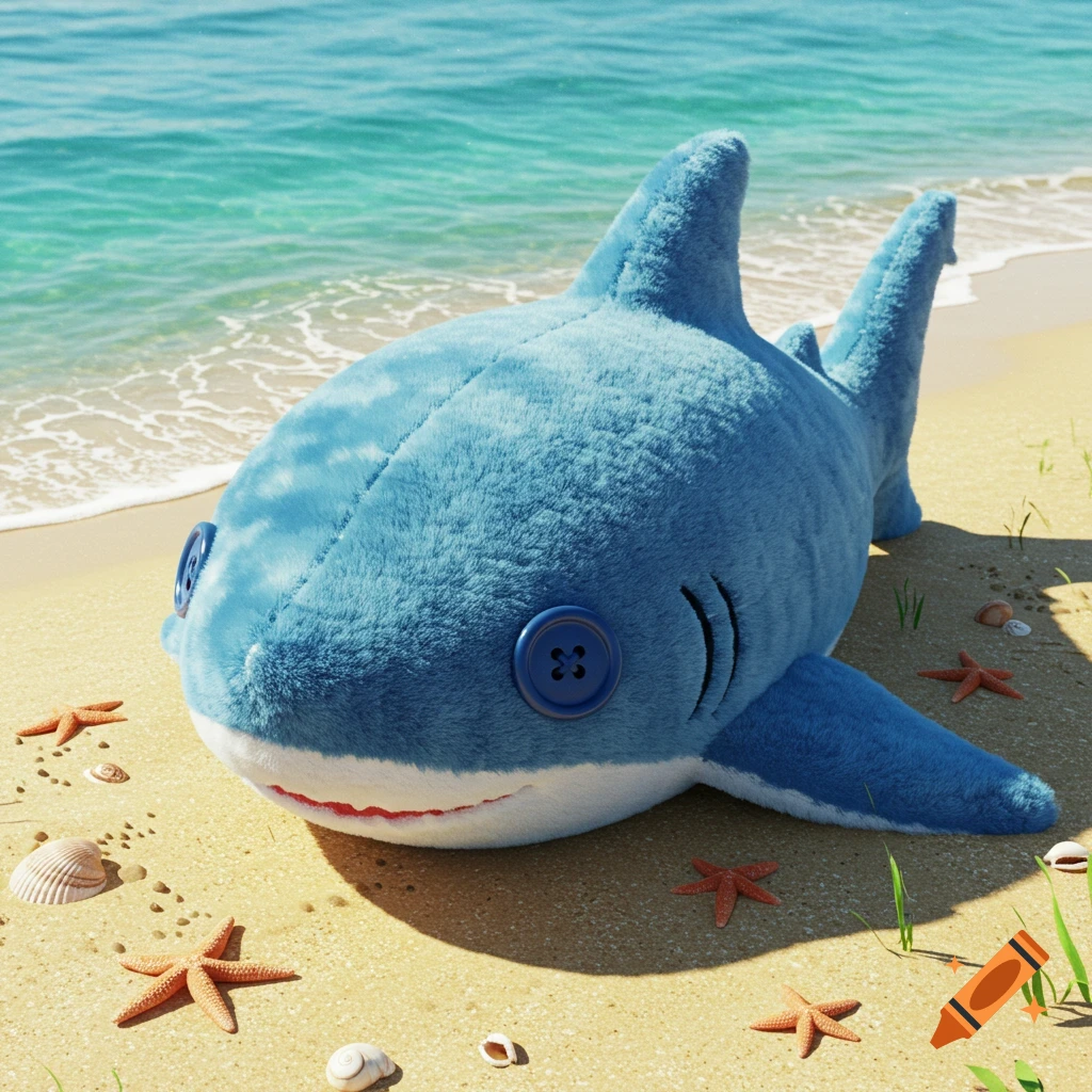A photorealistic blue plush shark rests on a sandy beach with starfish and shells near the ocean.