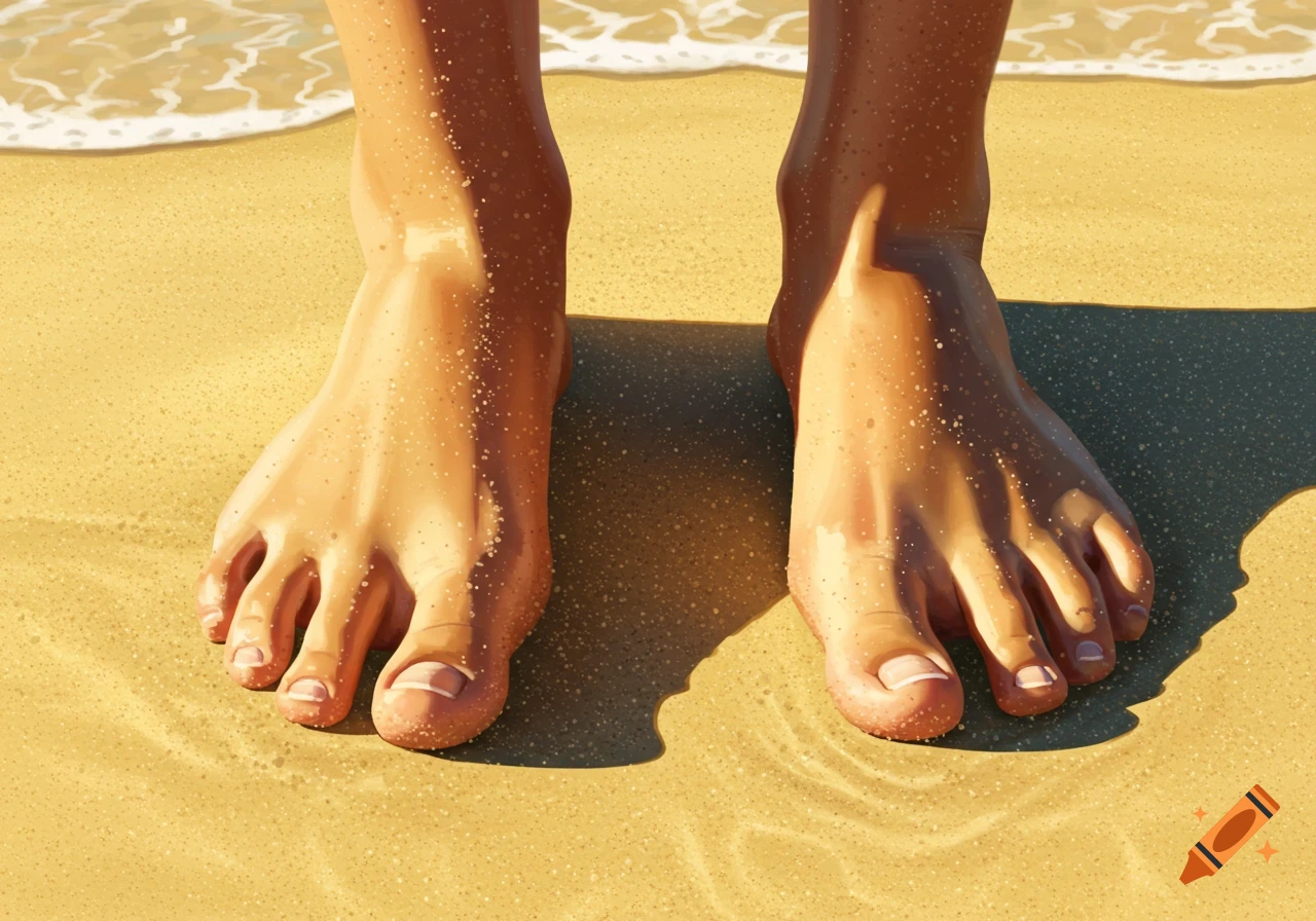 Bare feet stand on wet sand at the edge of the ocean, sunlight casting shadows.