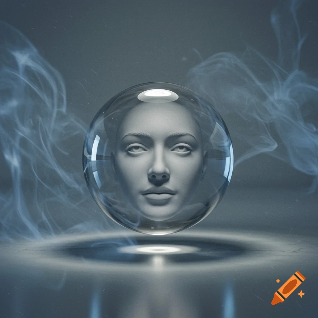 Realistic monochrome human face within a transparent sphere, surrounded by swirling smoke and light reflections, against a grey background.