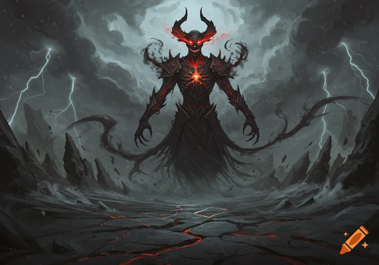 A red-eyed horned demon stands in a desolate, cracked landscape under a stormy sky with lightning, dark fantasy art.
