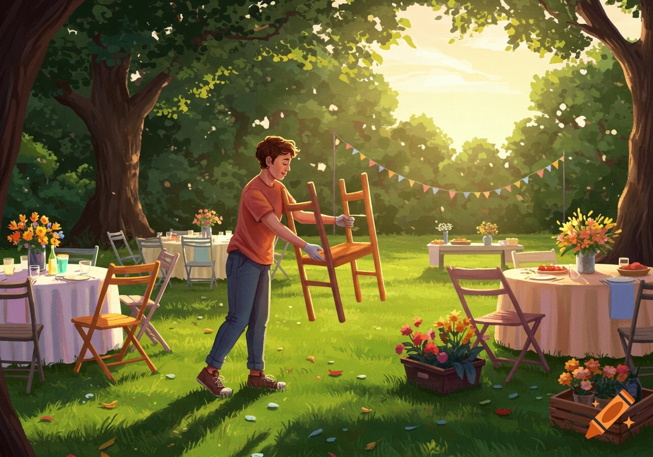 An illustrated scene of a person setting up a garden party, carrying a wooden chair amidst tables, flowers, and trees under sunlight.