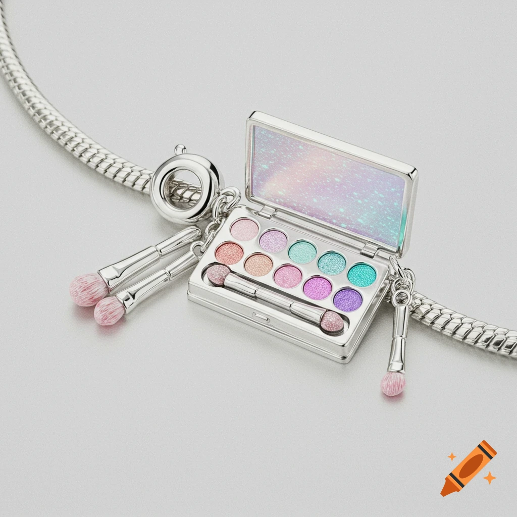 A silver bracelet charm shaped like a makeup palette with colorful eyeshadows and miniature brushes, against a light background.