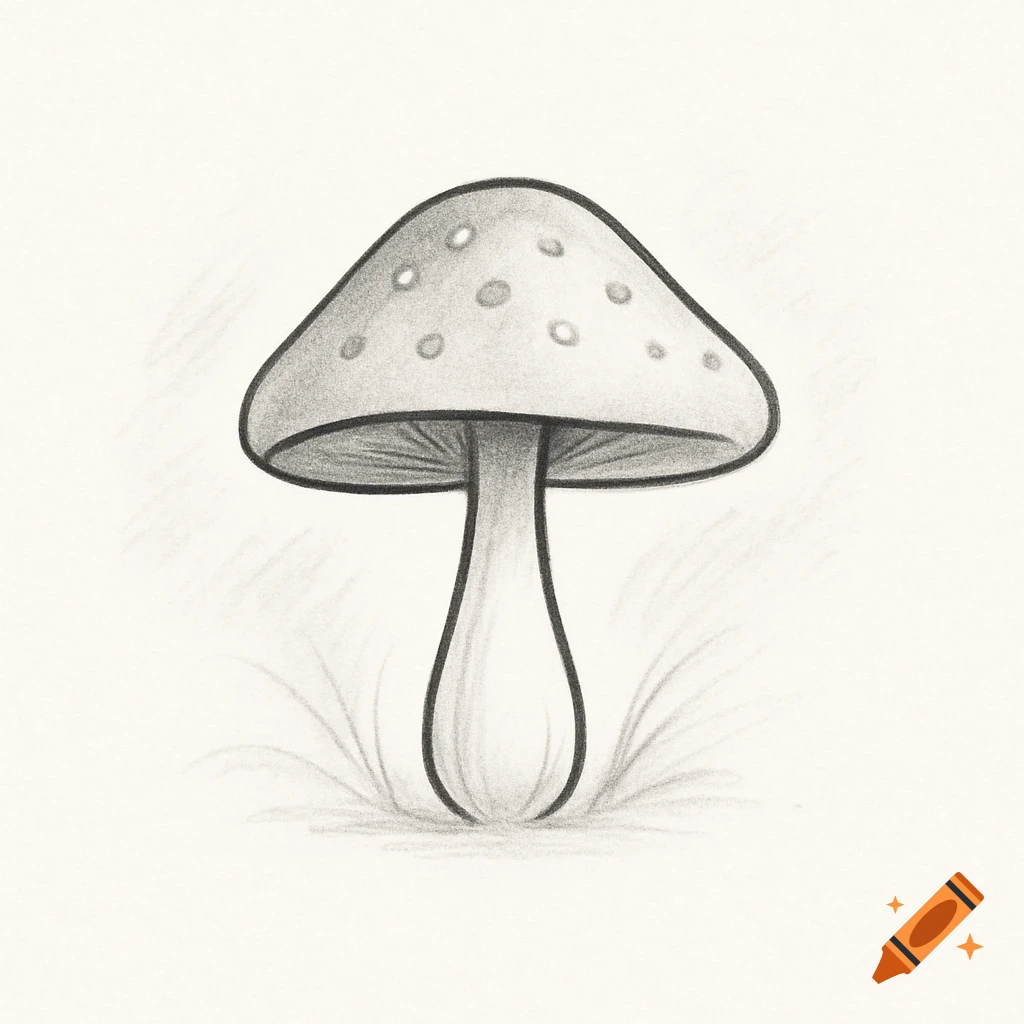 A black and white pencil sketch of a mushroom with a spotted cap and slender stem, against a plain background.