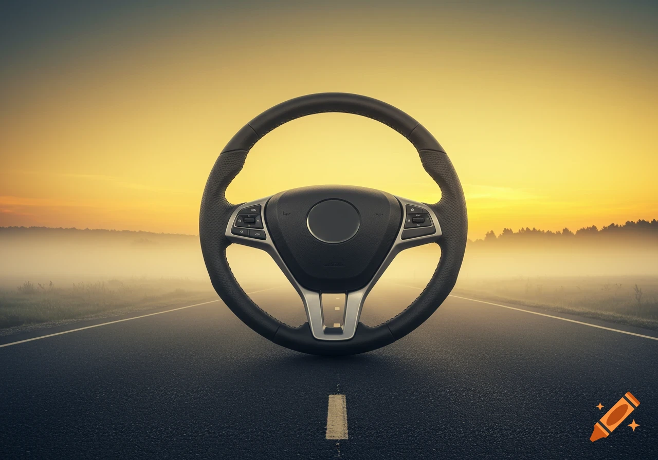 A photorealistic image of a large steering wheel standing upright on a road, with a misty landscape and vibrant orange-yellow sky in the background.