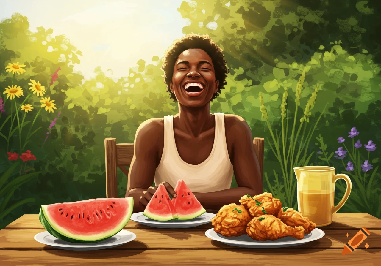 A Black person laughs joyfully while sitting at an outdoor table with watermelon and fried chicken, in an illustrative style.