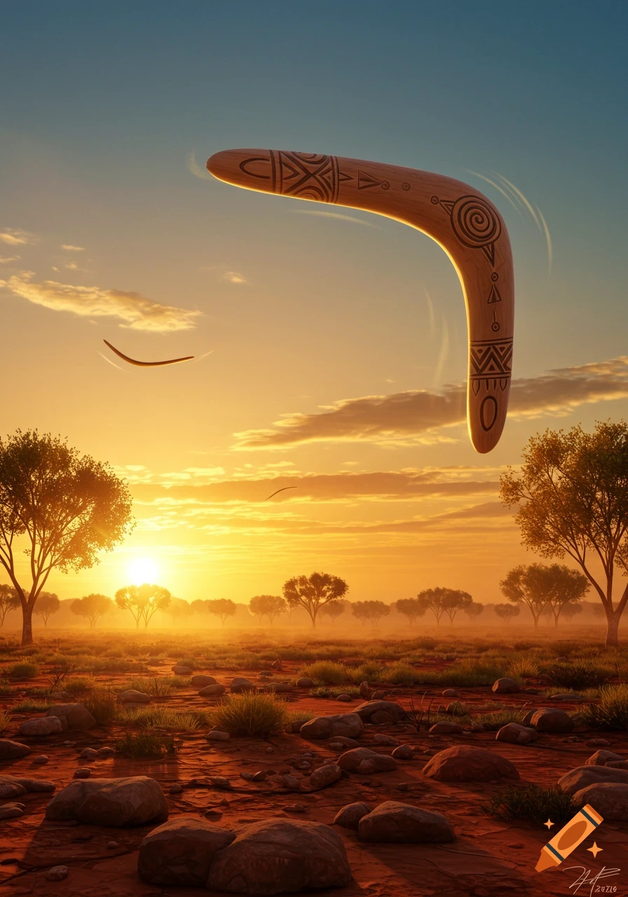 A boomerang with tribal patterns flies through a golden sunset sky over a red, rocky Australian landscape with trees.
