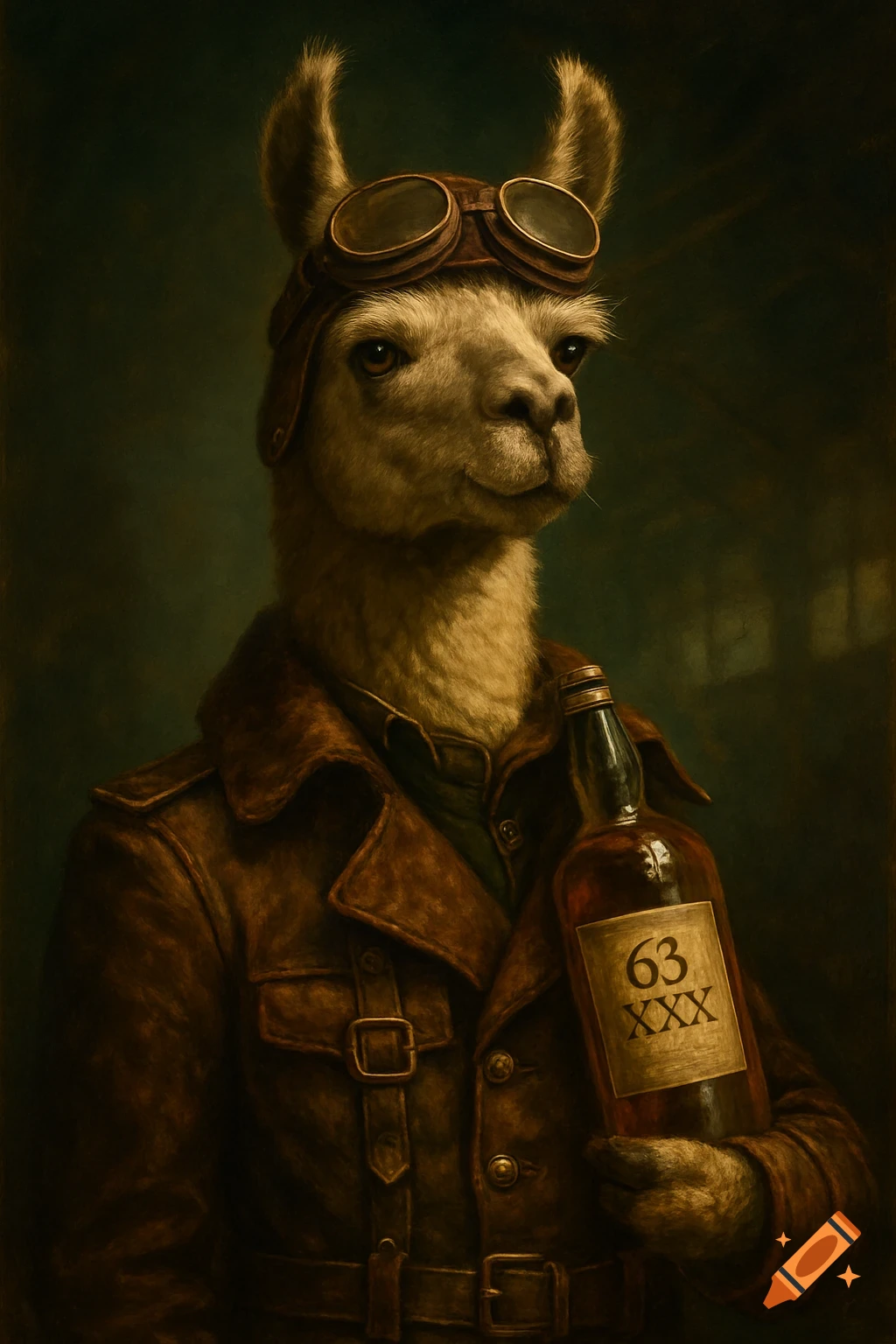 A detailed portrait of a llama wearing a vintage pilot's coat and goggles, holding a whiskey bottle.