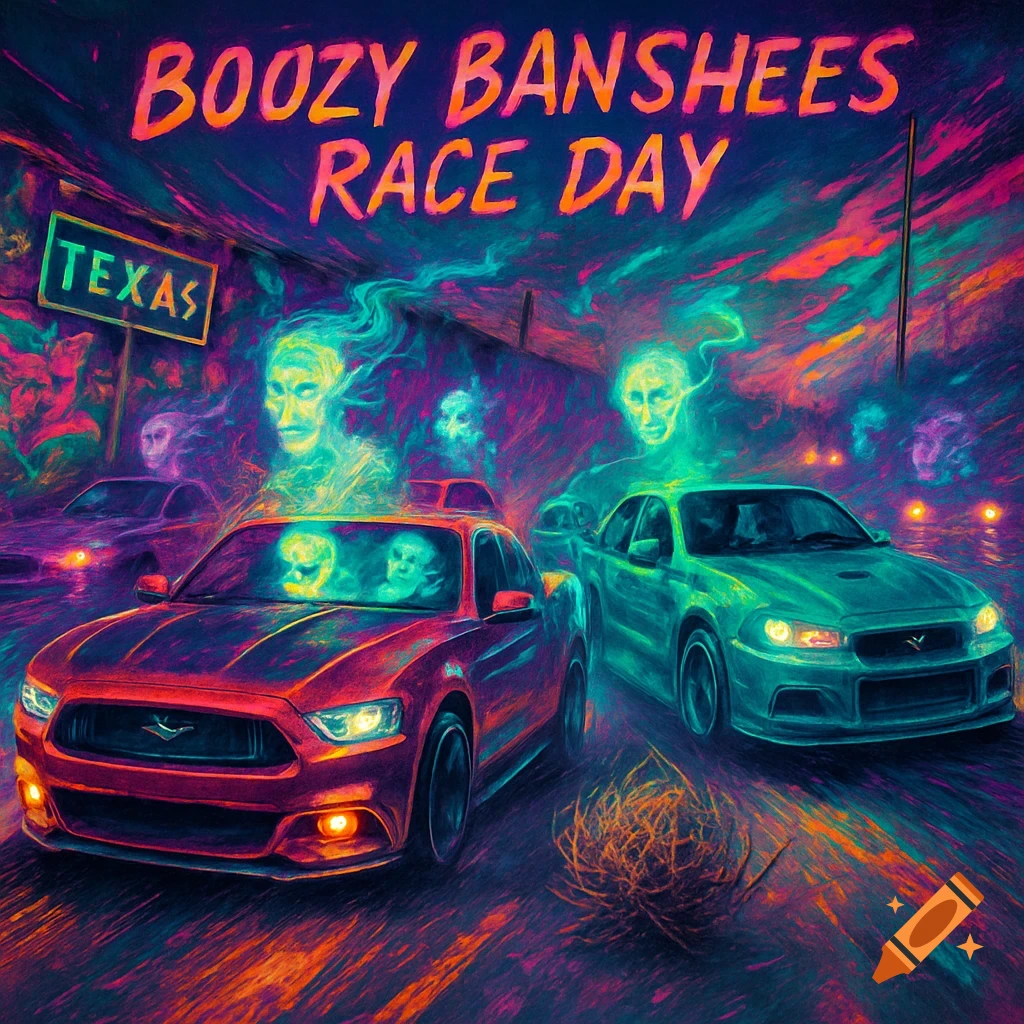 Psychedelic neon art of ghost drivers in red and green cars racing on a Texas road, with text 'BOOZY BANSHEES RACE DAY' above.