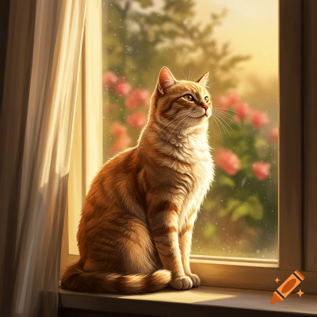 An orange tabby cat sits on a windowsill, gazing out at a sunny garden with pink roses.