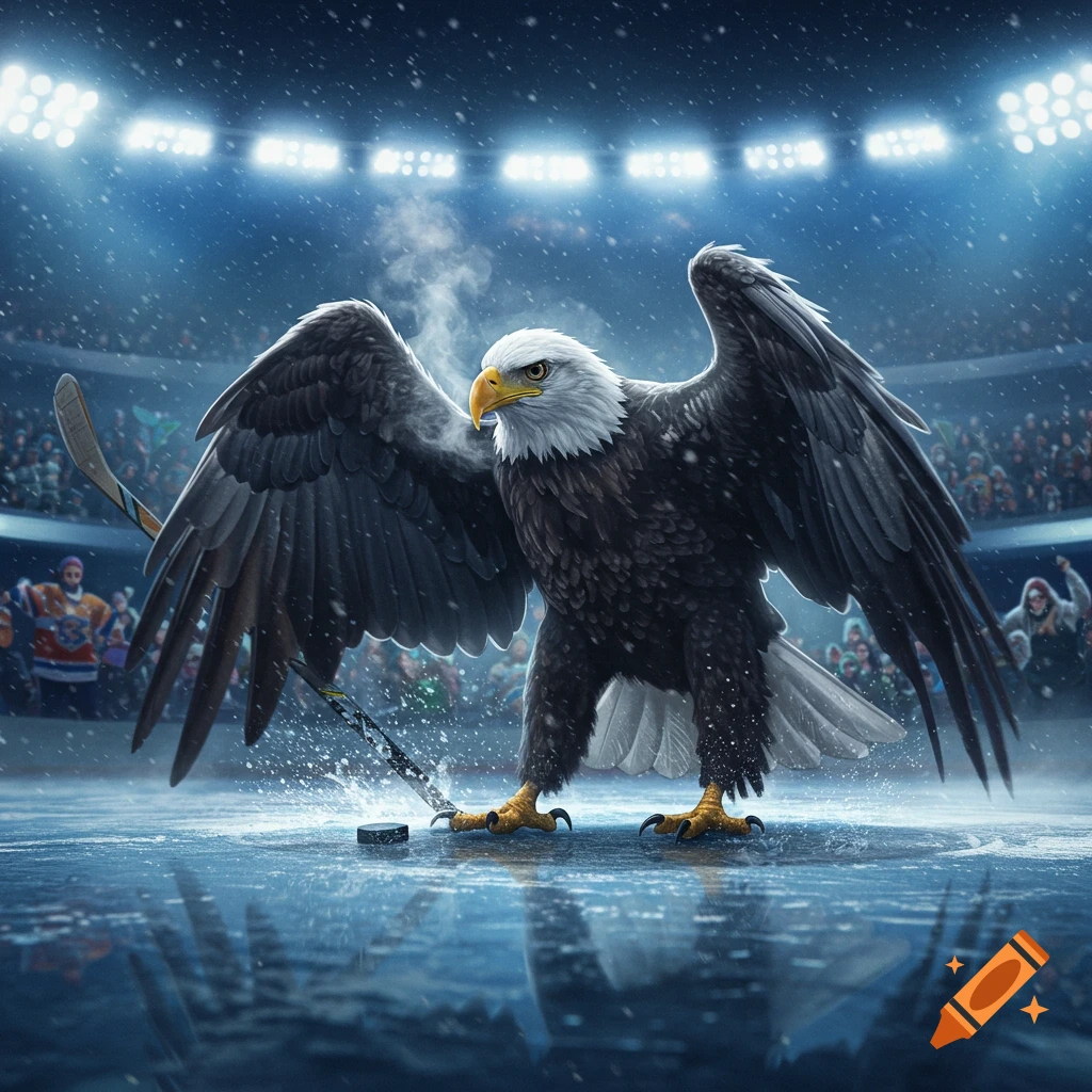 A majestic bald eagle plays ice hockey on a rink in a stadium, holding a hockey stick and standing near a puck.