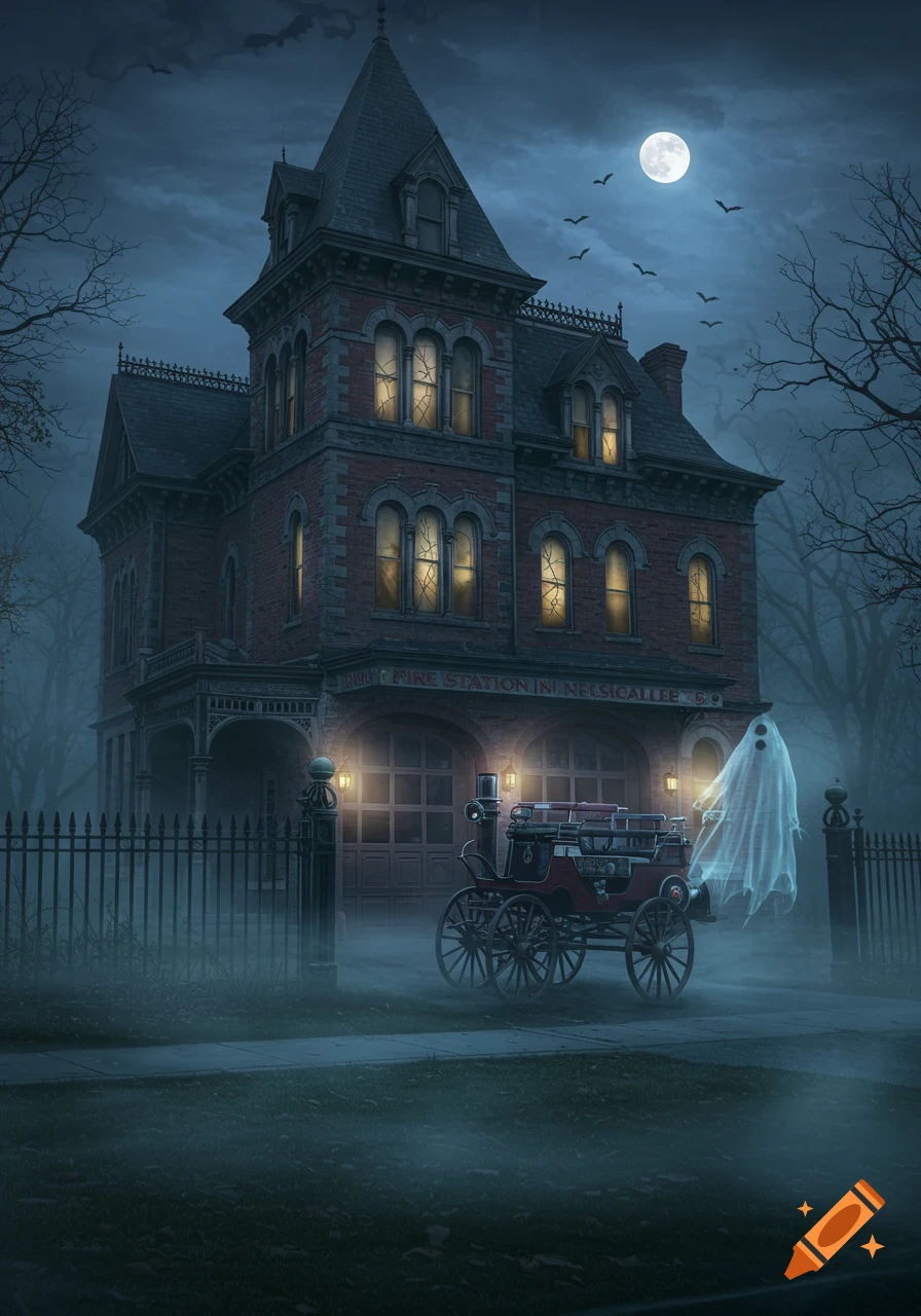A haunted Victorian fire station at night with a full moon, a ghostly figure, and a horse-drawn pumper on a foggy street.