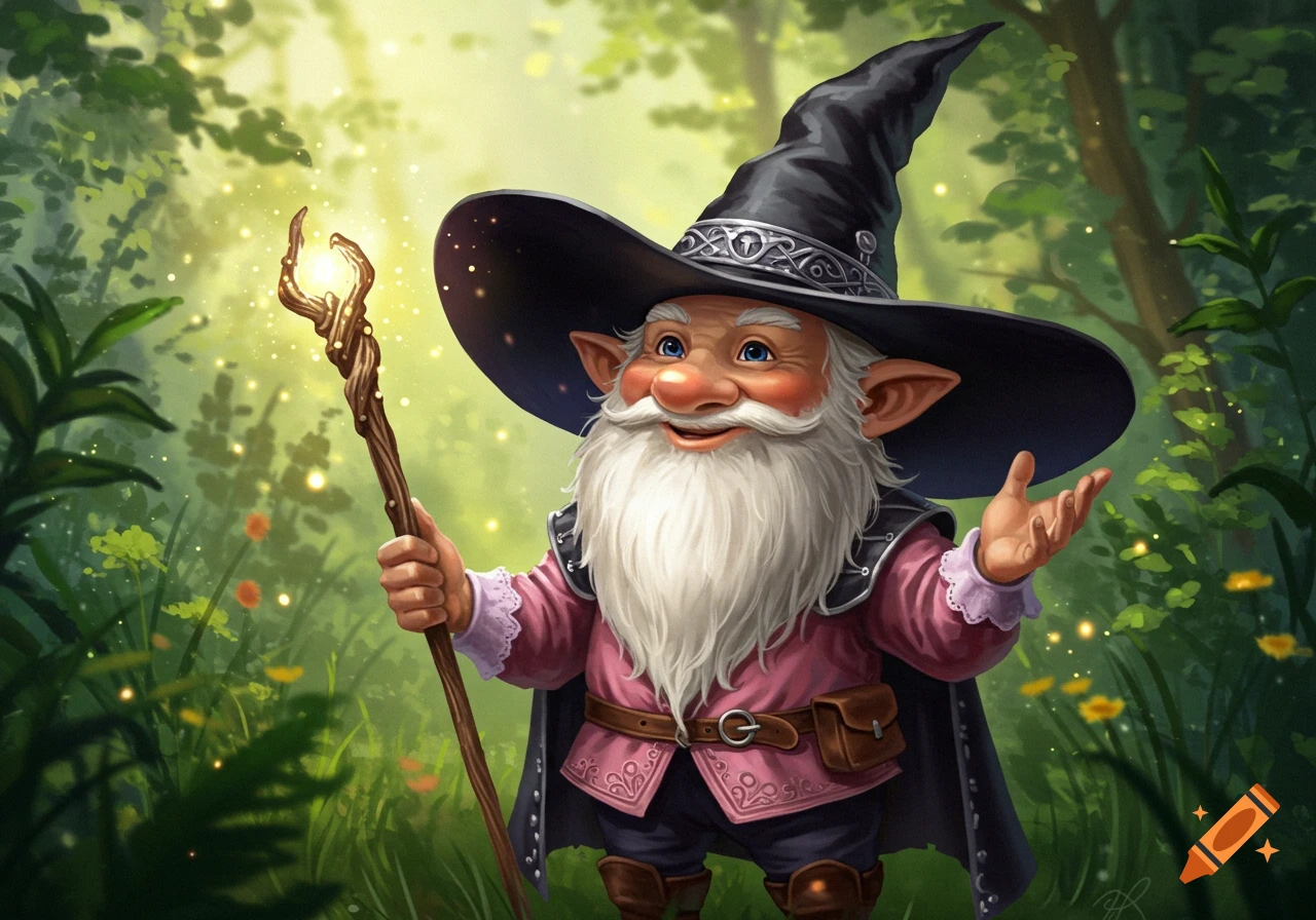 A cheerful gnome wizard with a white beard and black hat holds a glowing staff, gesturing in a magical, sunlit forest.