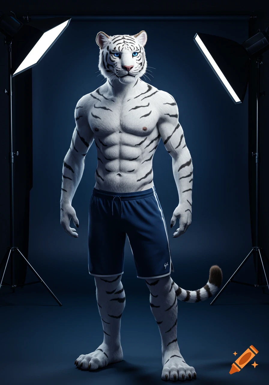 Photorealistic portrait of an anthropomorphic white tiger male with an athletic build, standing confidently in a professional photography studio.