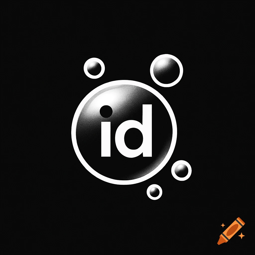 A white 'id' logo within a large textured bubble, surrounded by smaller white bubbles, all on a solid black background.