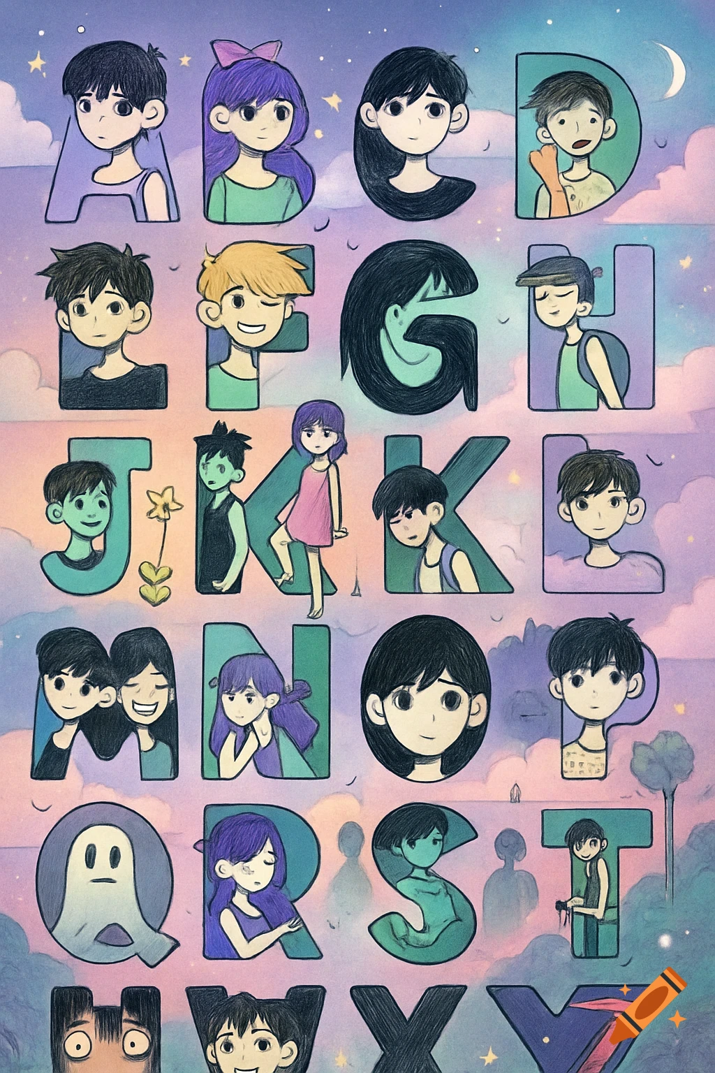 An alphabet illustration featuring characters from the video game Omori, each character framed within a letter against a pastel sky.