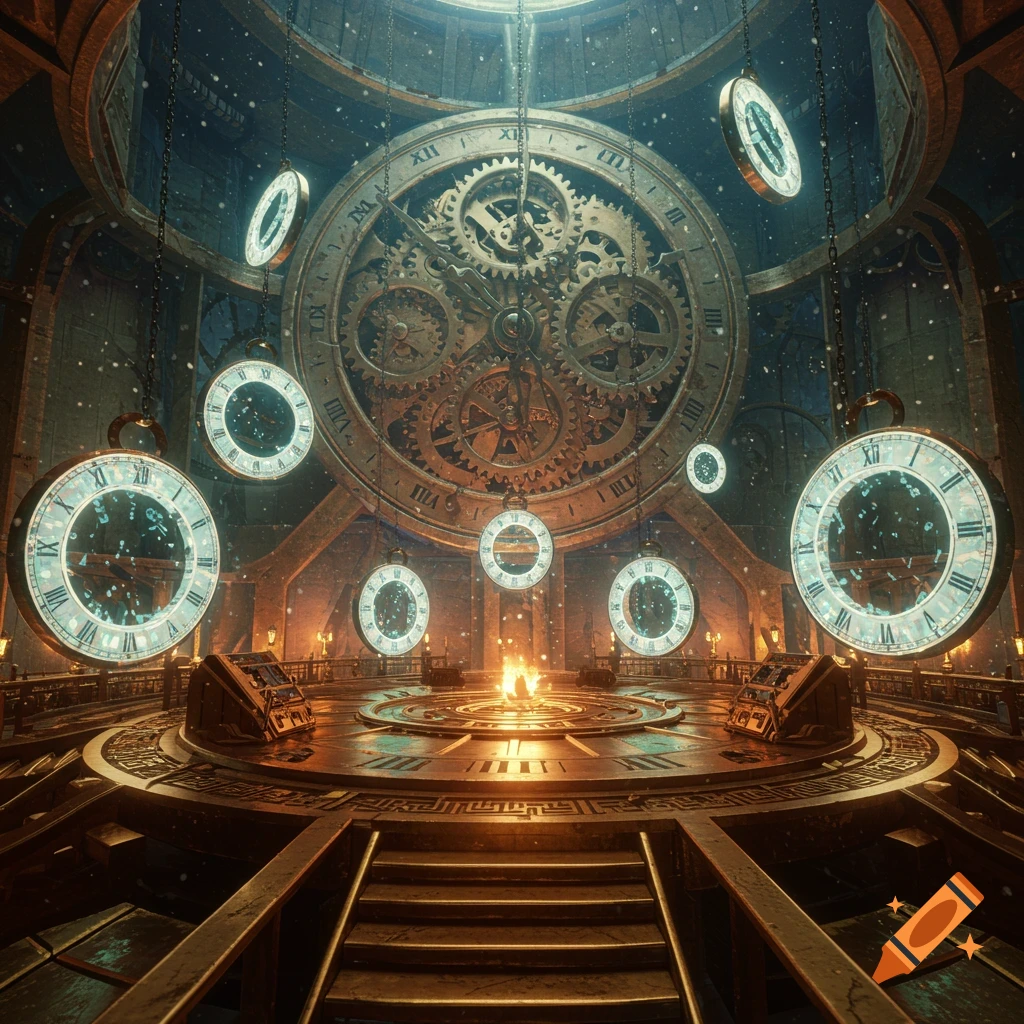 Steampunk gear chamber with a giant clock face, floating time portals, and a glowing brass floor under falling particles.