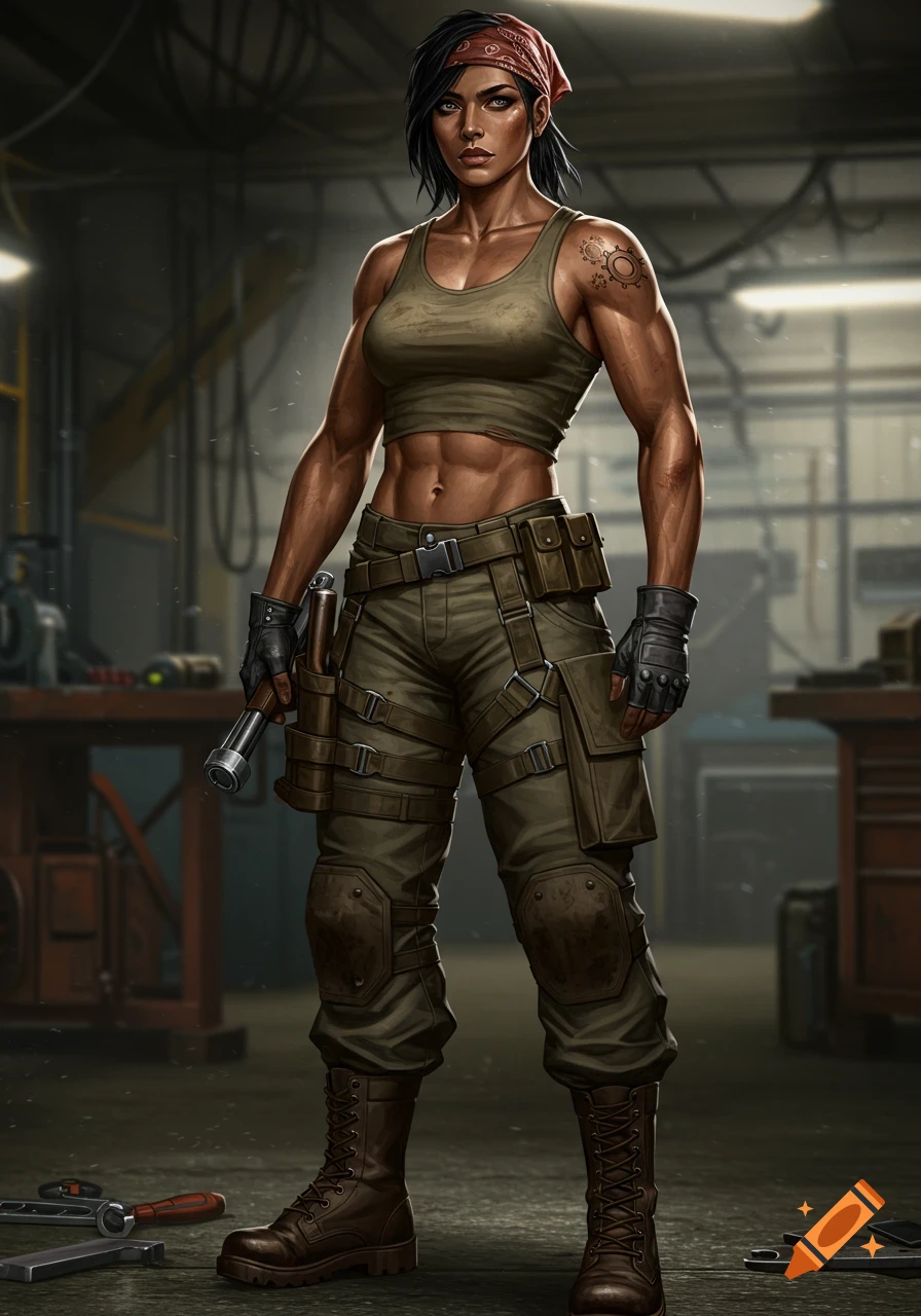 A muscular woman in a tank top and cargo pants, with a red bandana, stands in a workshop holding a tool.