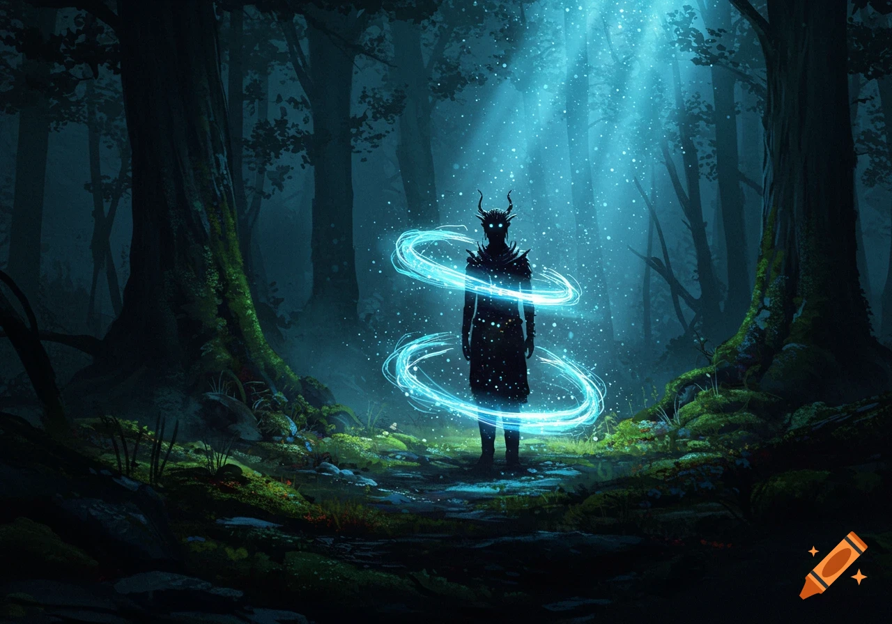 A dark silhouette of a horned figure with glowing eyes stands in a mystical forest, surrounded by swirling blue magical energy.