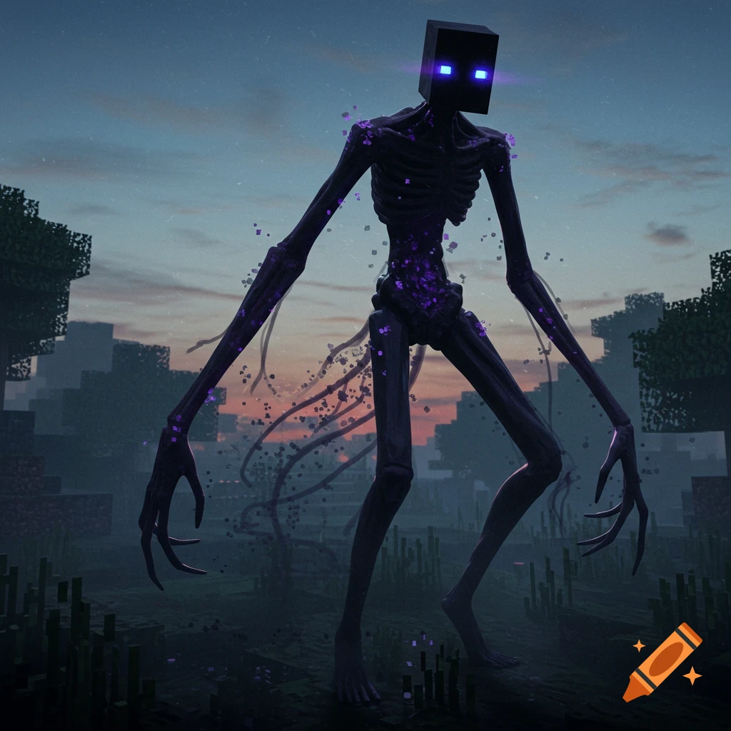 A tall, slender Enderman with glowing purple eyes and radiating particles stands in a blocky landscape at dusk.