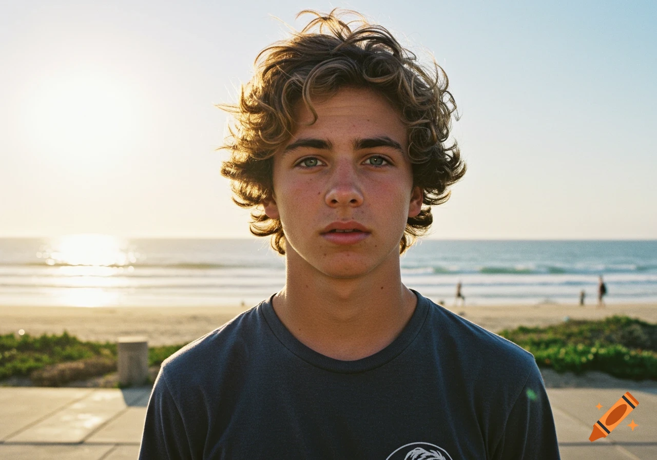 A close-up portrait of a young man with curly brown hair and blue eyes standing on a beach at sunset.