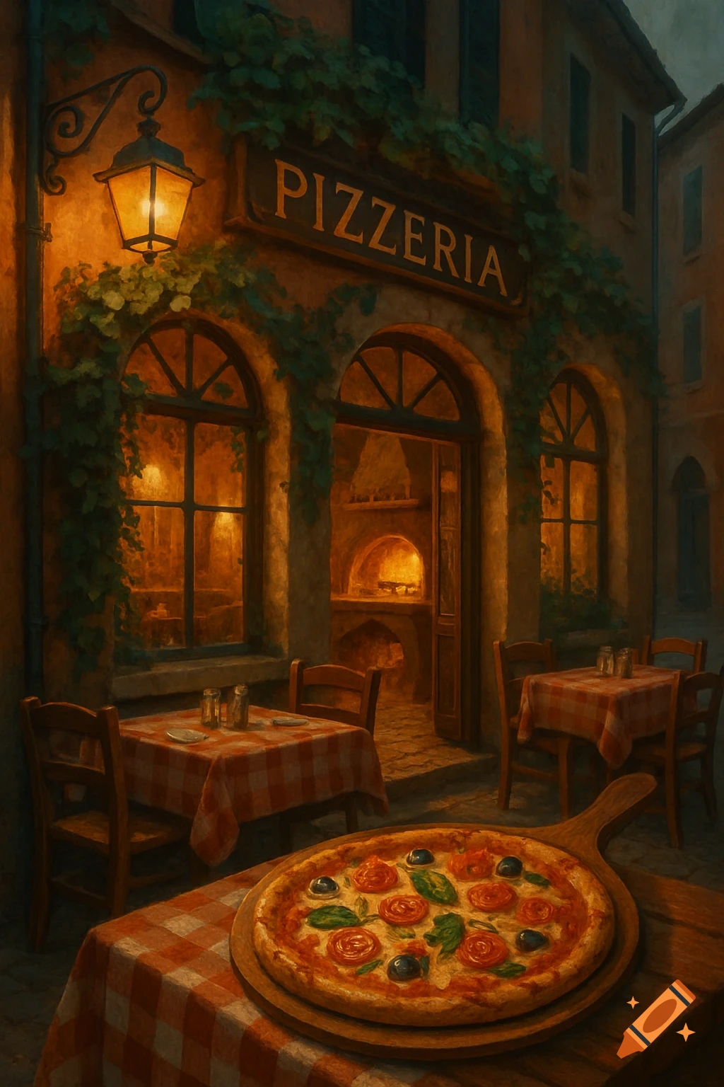 A painterly depiction of a cozy pizzeria exterior at dusk, with glowing windows, a 'PIZZERIA' sign, and a large pizza on a table.