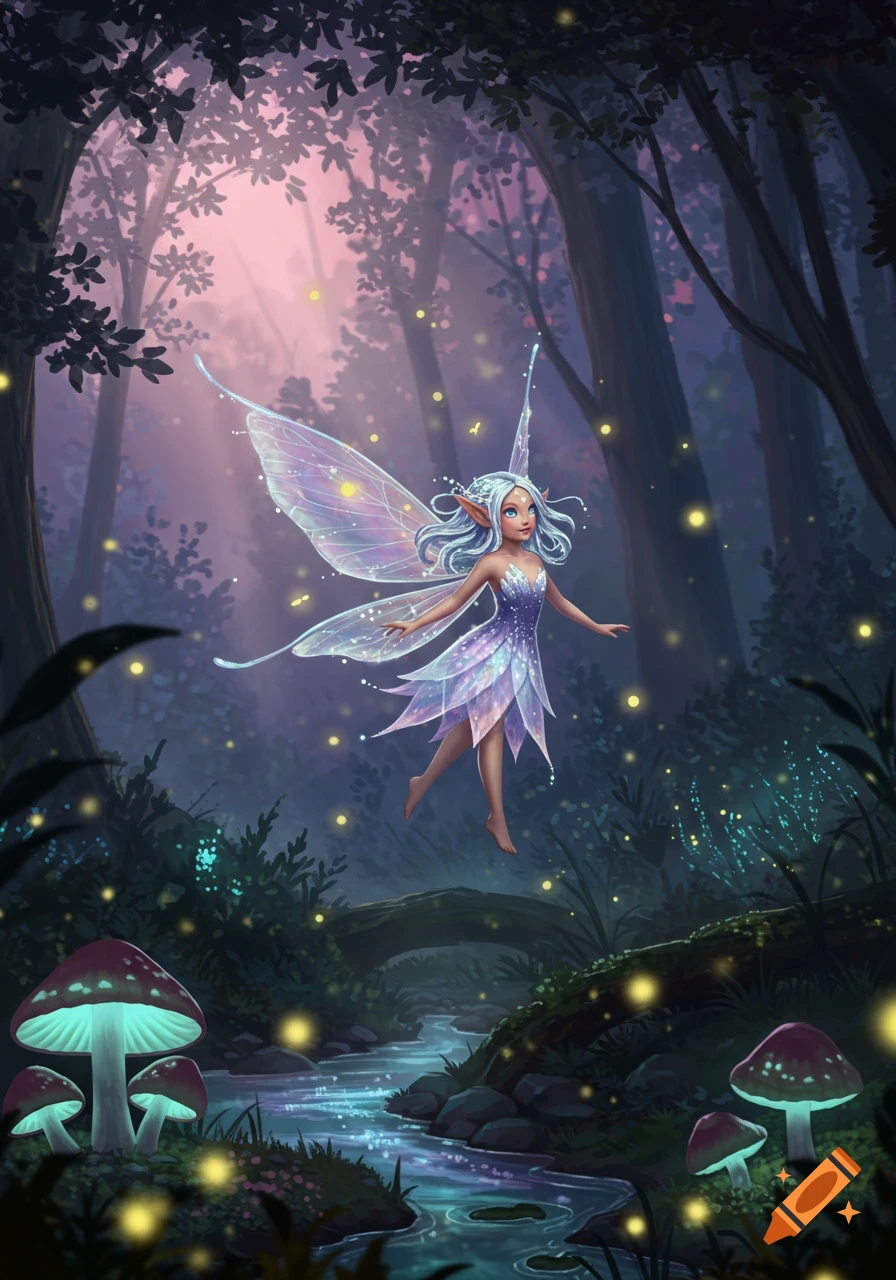 A whimsical fairy with shimmering wings floats in a magical forest, surrounded by glowing mushrooms and fireflies.