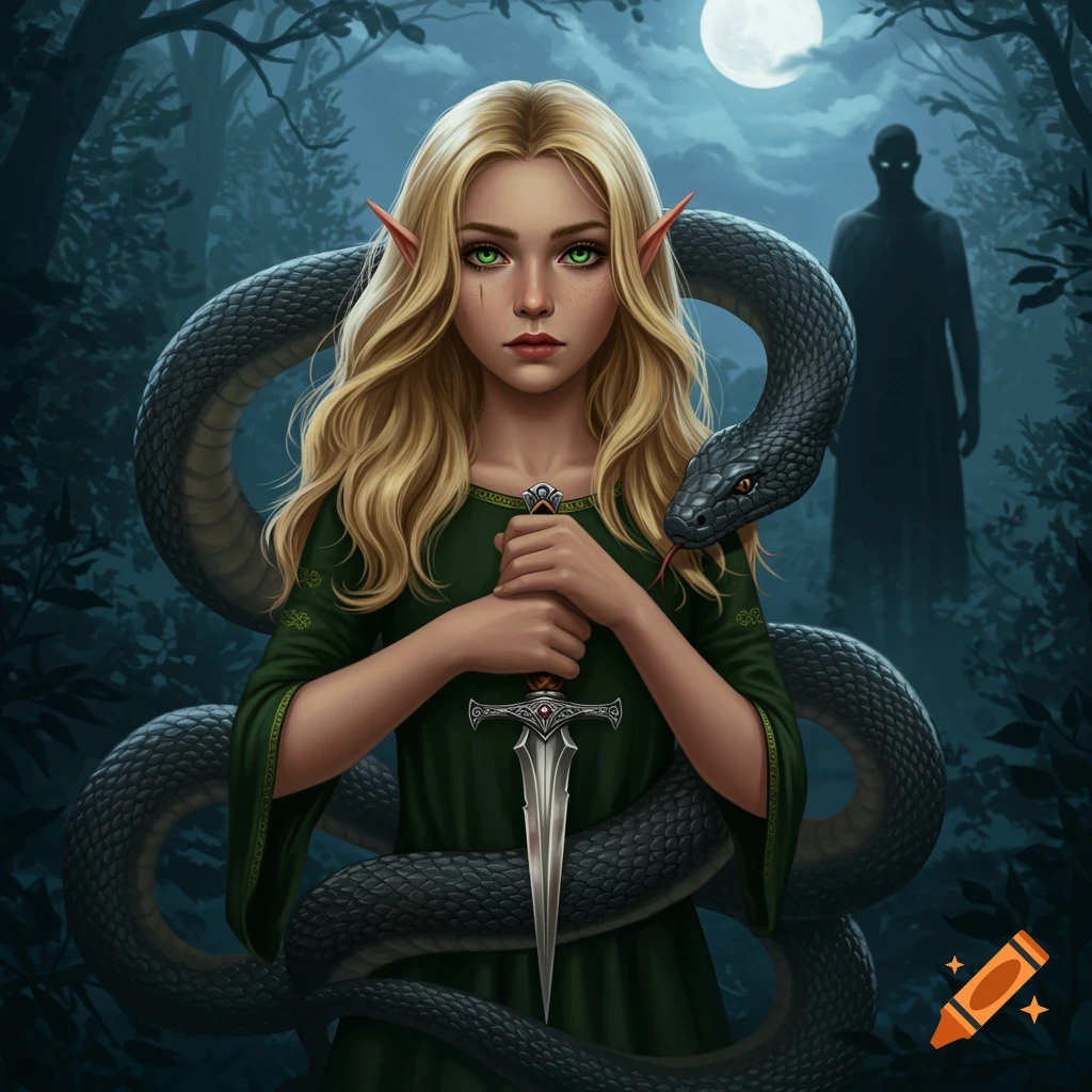 A blonde elf with green eyes holds a dagger, a black serpent coiled around her. A shadowy figure stands in a moonlit forest background.